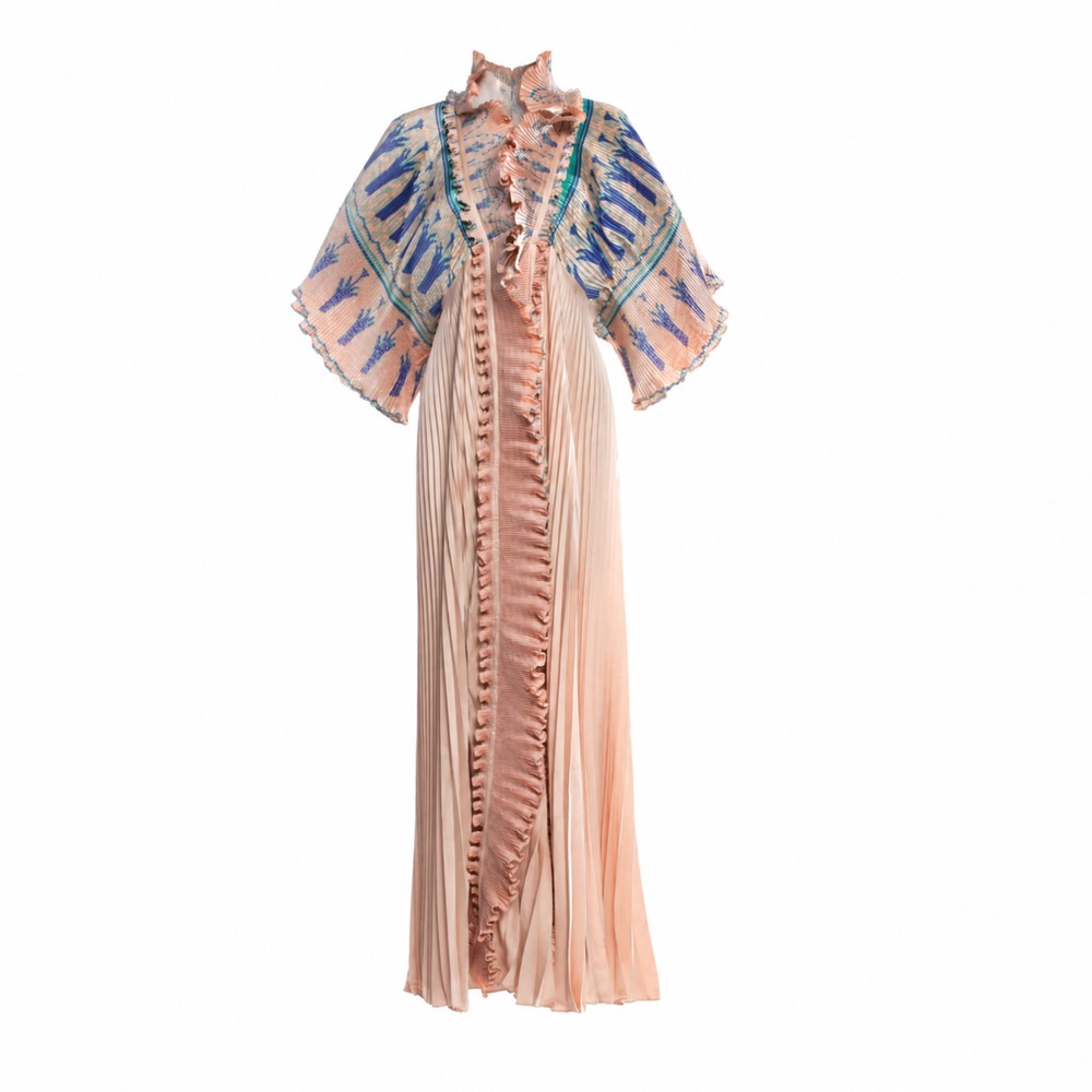 Zandra Rhodes Vintage 1970s Printed Plissé Maxi Robe